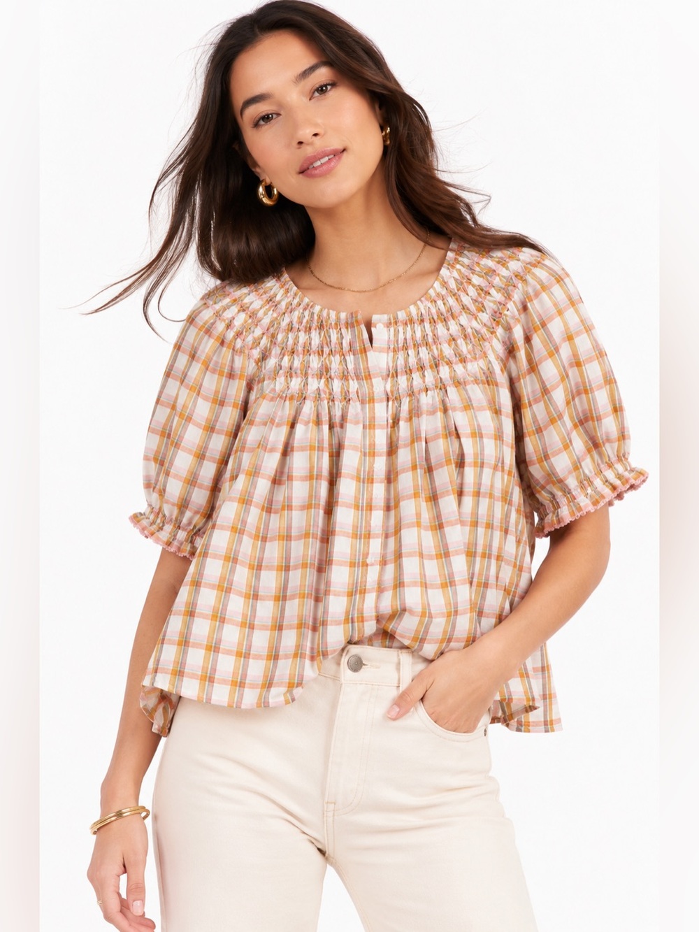 Anthropologie Plaid Smocked Peasant Blouse XL Cottagecore Boho